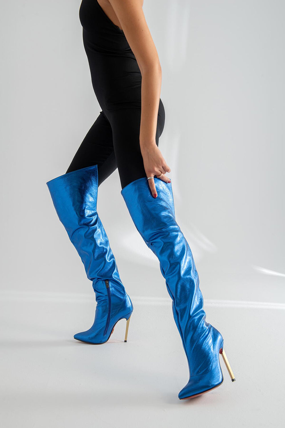 Zavielle Over-the-Knee Stiletto Boots – Metallic Silver