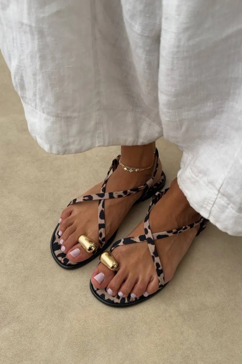 Amara Leopard Strappy Flat Sandals
