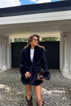 Maelis Faux Fur Trim Belted Coat – Navy