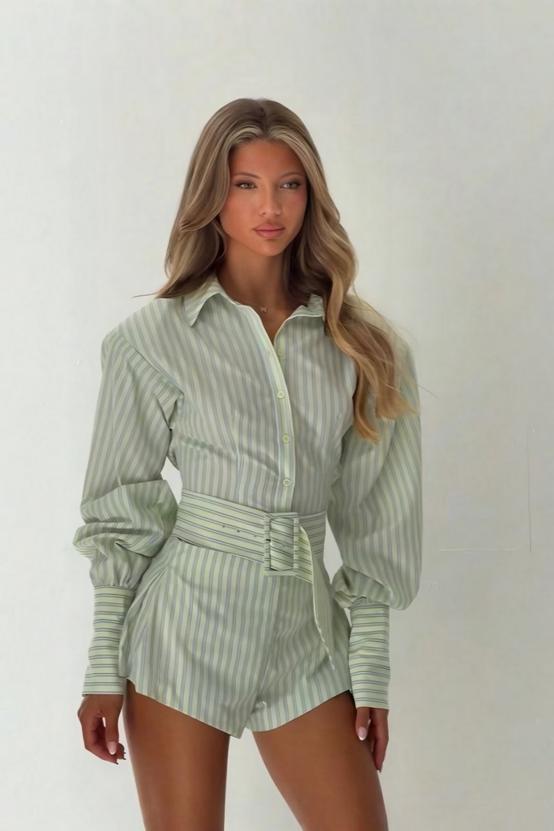 Seravelle Striped Belted Shirt & Shorts Set – Green