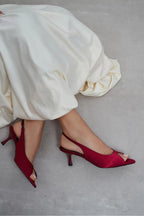 Aurelia Satin Peep-Toe Slingback Kitten Heels – Burgundy Satin