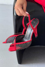 Valentina Crystal Mesh Slingback Stiletto Heels – Red Satin