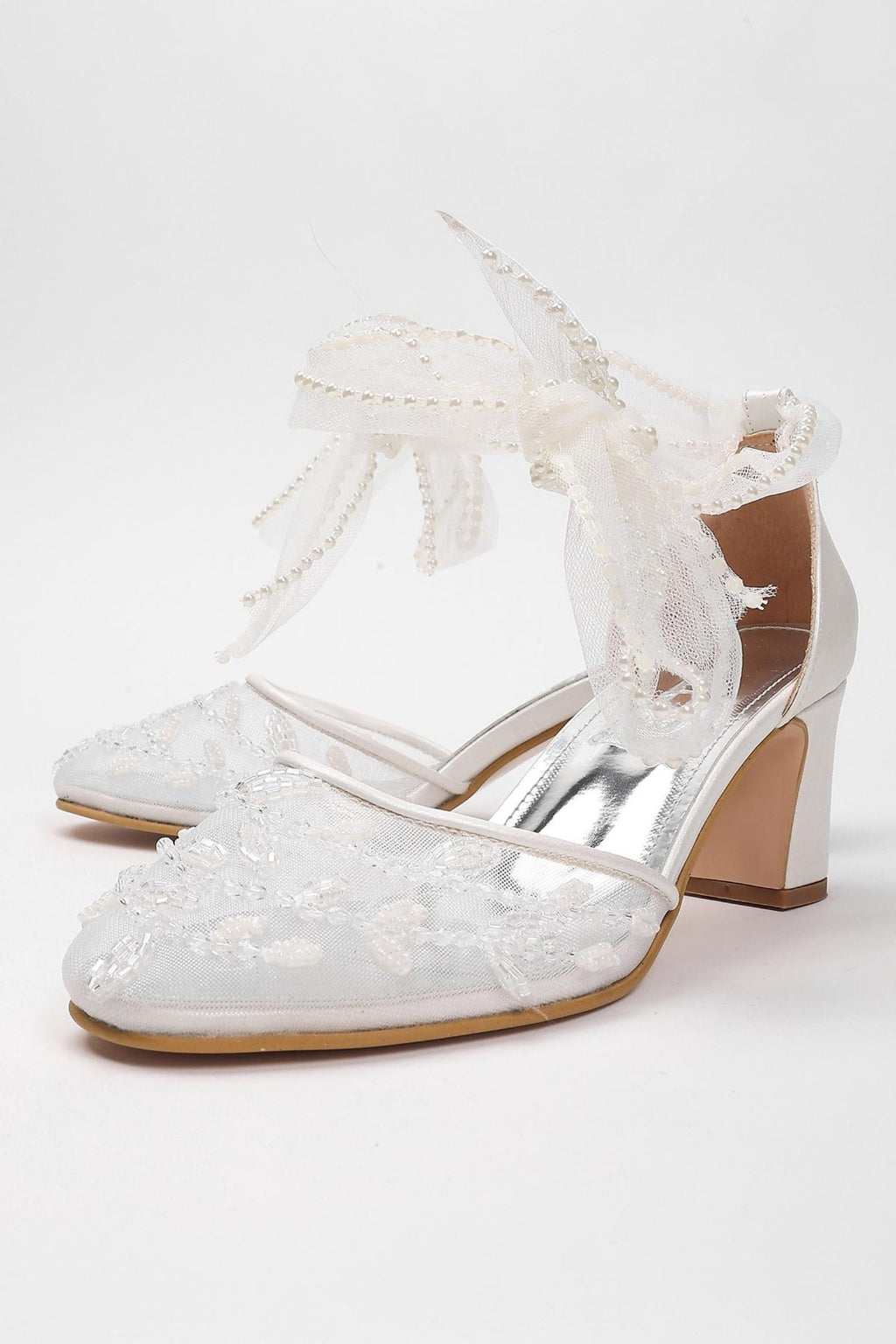 Low Block Heel Wedding Shoes with Pearl Detail and Tulle Ribbon