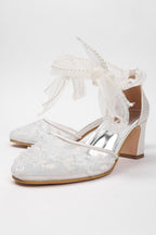 Low Block Heel Wedding Shoes with Pearl Detail and Tulle Ribbon