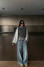 Varelle Contrast-Sleeve Zip Knit Cardigan