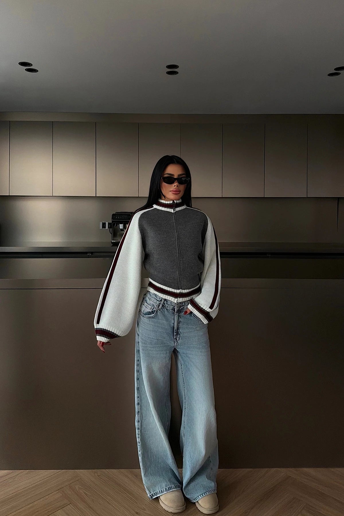 Varelle Contrast-Sleeve Zip Knit Cardigan