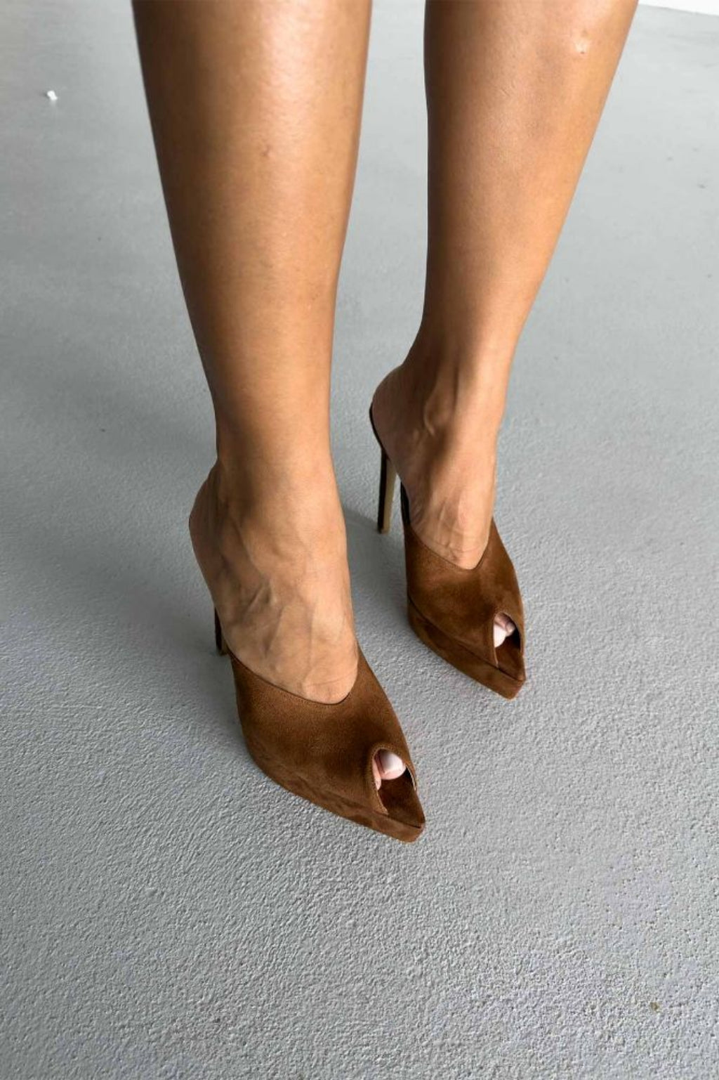 Vespera Platform Peep-Toe Mule Heels – Black Suede