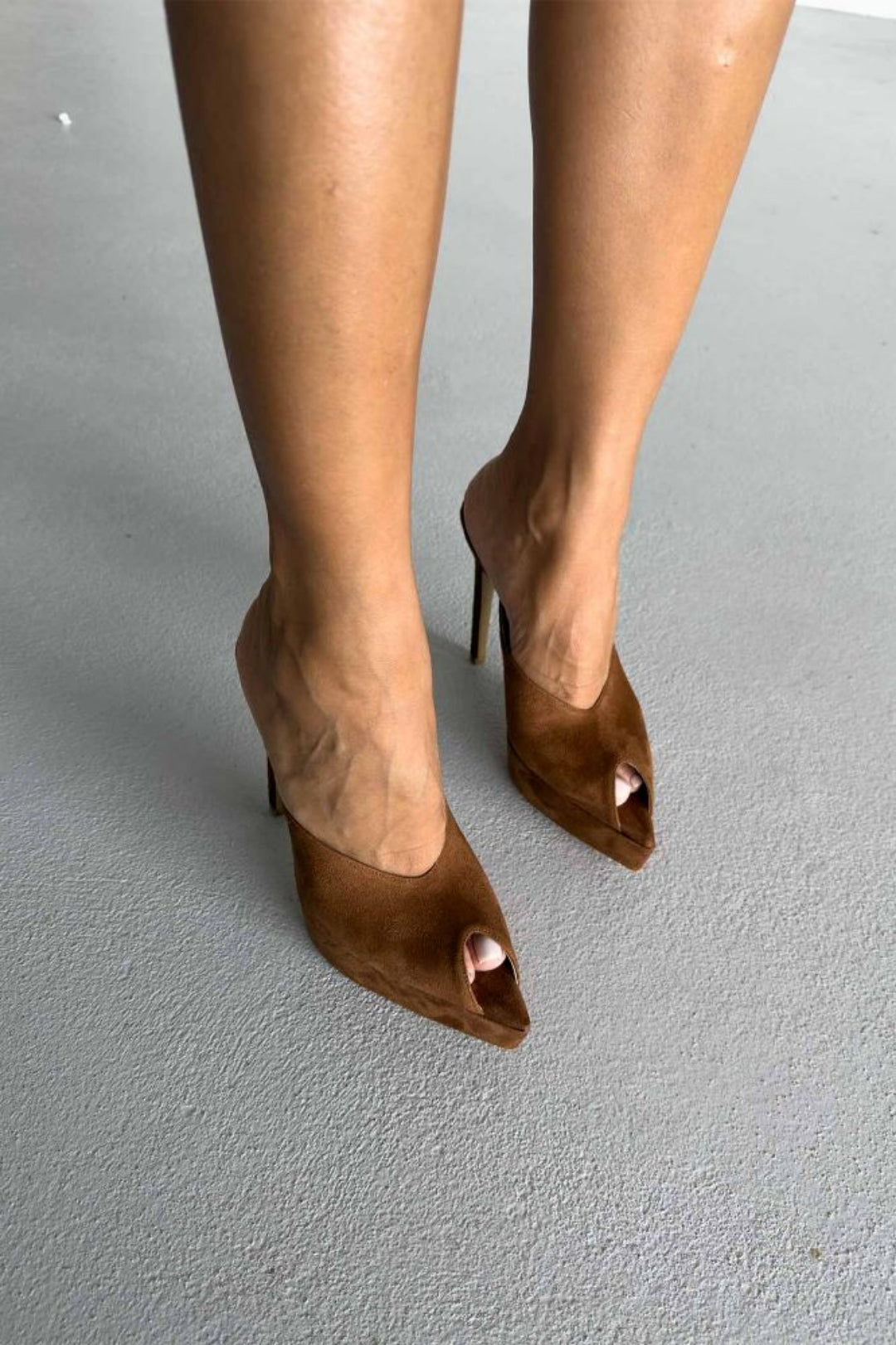 Vespera Platform Peep-Toe Mule Heels – Black Suede
