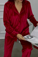 Estelle Striped Velvet Pajama Set — Red