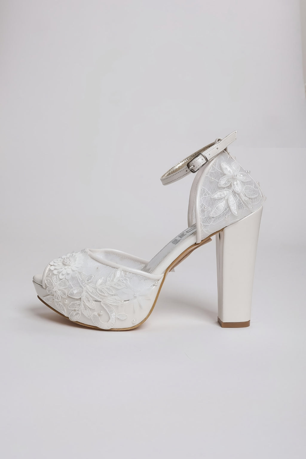 White Floral Lace Wedding Shoes - Platform Block Heel Open Toe Bridal Shoes