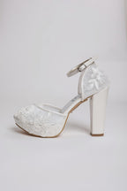 White Floral Lace Wedding Shoes - Platform Block Heel Open Toe Bridal Shoes