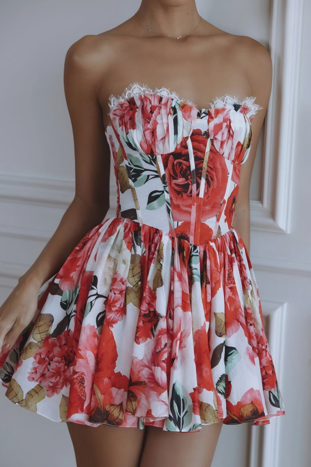 Maribelle Floral Corset Mini Dress – Red