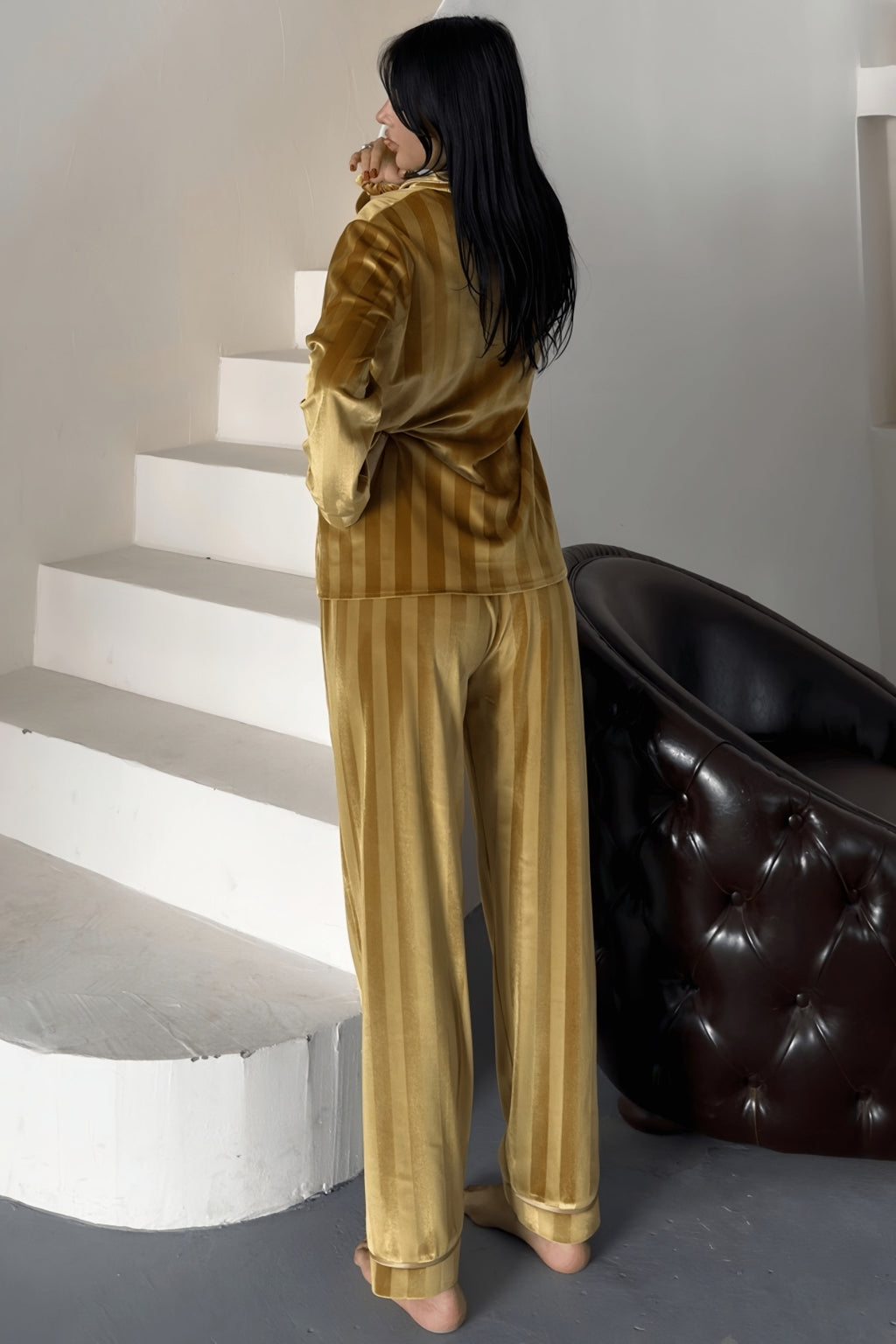 Estelle Striped Velvet Pajama Set – Grey
