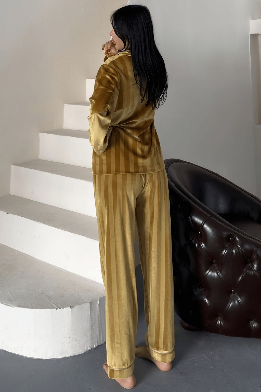 Estelle Striped Velvet Pajama Set – Mustard Yellow
