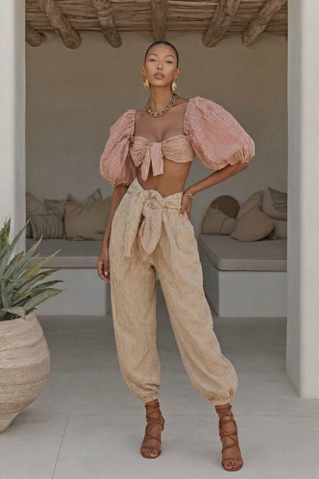 Marielle Soleil Striped Textured Two-Piece Set – Blush Beige
