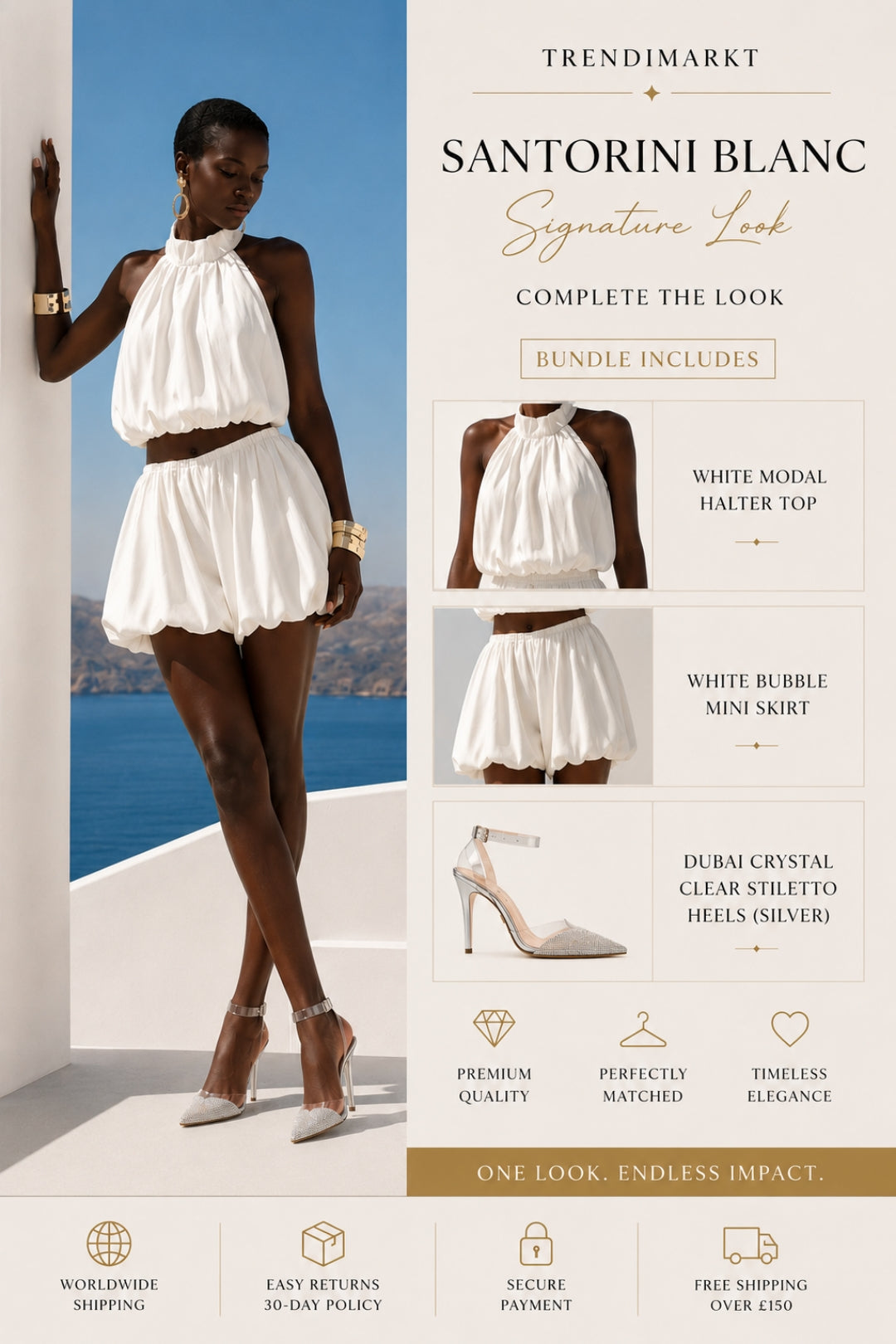 Santorini Blanc Signature Look – White Modal Two-Piece Set & Dubai Crystal Clear Stiletto Bundle