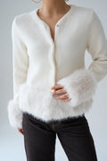 Orwick Faux Fur Trim Snap-Button Cardigan – Ecru