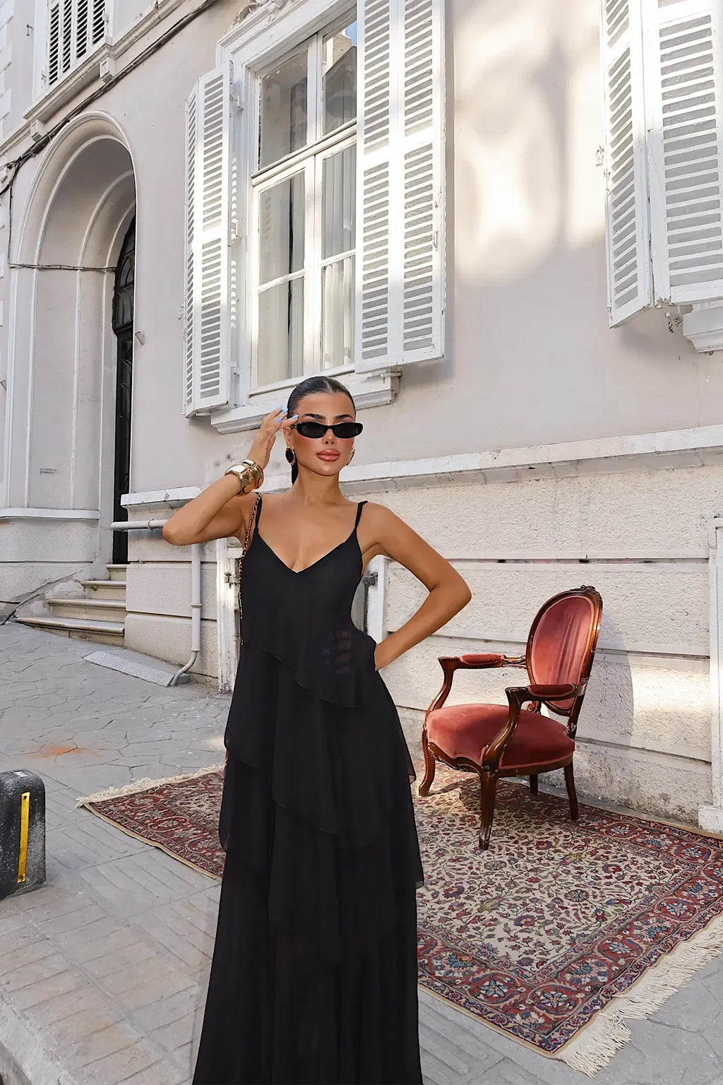 Liorenne Layered Chiffon Maxi Dress – Black