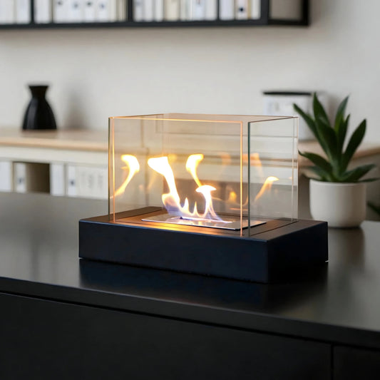 Modern Bioethanol Tabletop Fireplace – Smokeless Indoor & Outdoor Decorative Fire Heater, Tempered Glass, Matte Black - TrendiMarkt