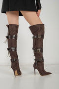 Ravelle Buckle Over-the-Knee Stiletto Boots – Brown Suede