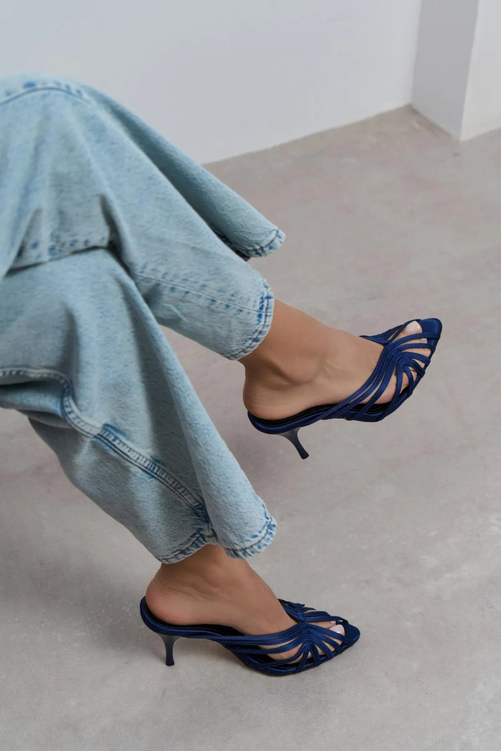 Seraphina Satin Cage-Strap Open-Toe Heeled Mule – Navy Satin