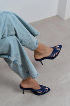 Seraphina Satin Cage-Strap Open-Toe Heeled Mule – Navy Satin