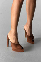 Vespera Platform Peep-Toe Mule Heels – Black Suede