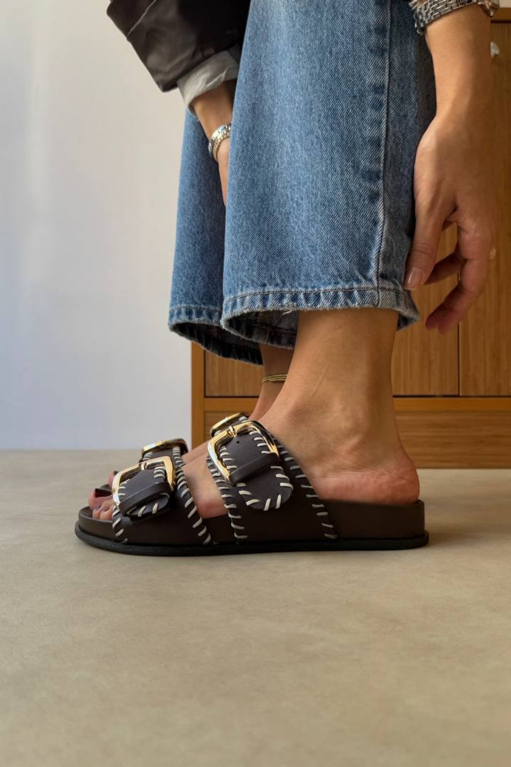 Women's Double Buckle Slippers with Contrast Stitching - Black