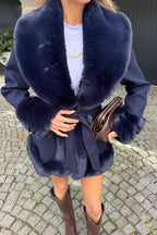 Maelis Faux Fur Trim Belted Coat – Navy
