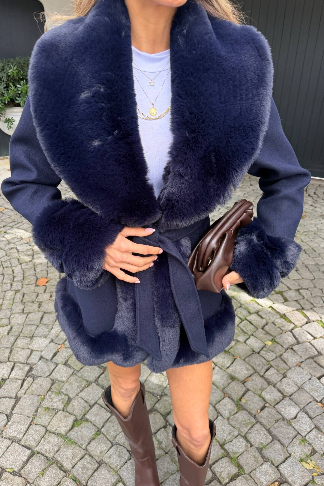 Maelis Faux Fur Trim Belted Coat – Navy