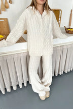 Briar Cable Knit Hooded Two-Piece Set – Light Brown