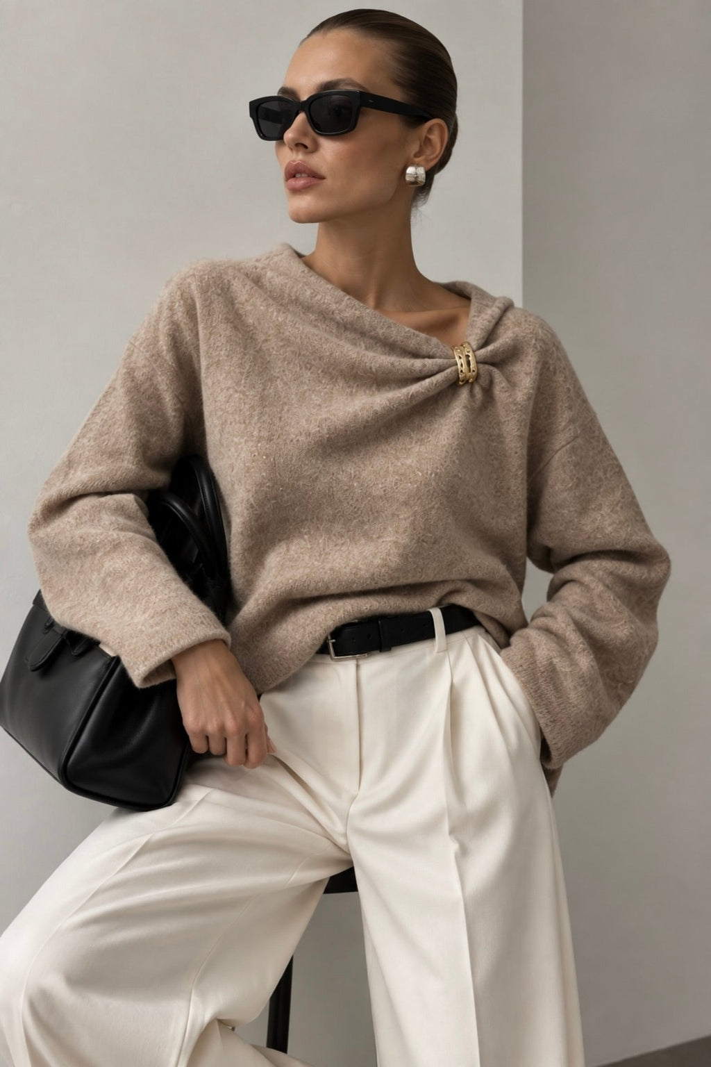 Cairn Draped-Neck Detail Knit Sweater – White