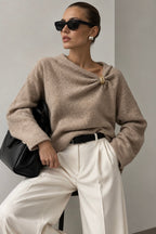 Cairn Draped-Neck Detail Knit Sweater – White
