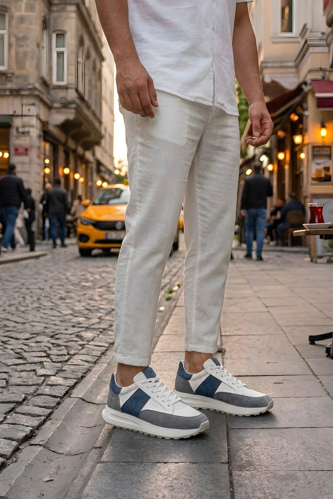 Beyaz-Gri-Lacivert Hakiki Deri Köpüklü Eva Tabanlı Sneaker