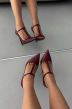 Vanessa Burgundy T-Strap Crystal Buckle Stiletto Pumps – 12 CM Heel