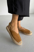 Heidi – Genuine Suede Leather Espadrille Slingback Flats – Camel