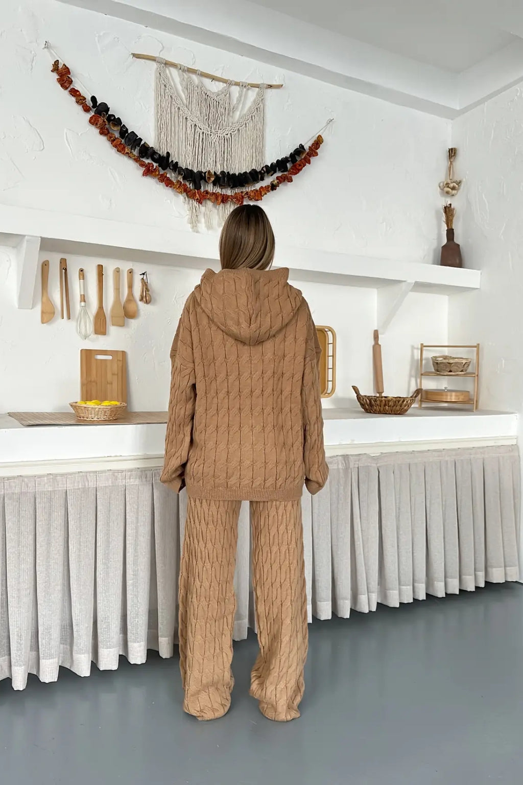 Briar Cable Knit Hooded Two-Piece Set – Light Brown