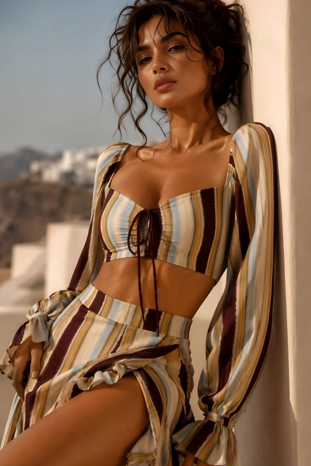 Santorini Soleil Signature Look – Patterned Lycra Set & Strawberry Nude Heels Bundle