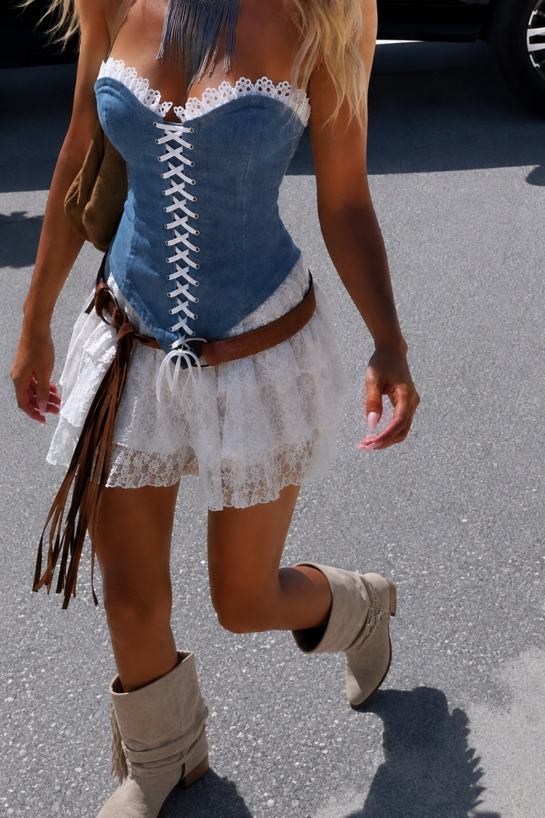 Sierra Bleu Signature Look – Denim Corset Set & Craft Real Suede Beige Boots Bundle