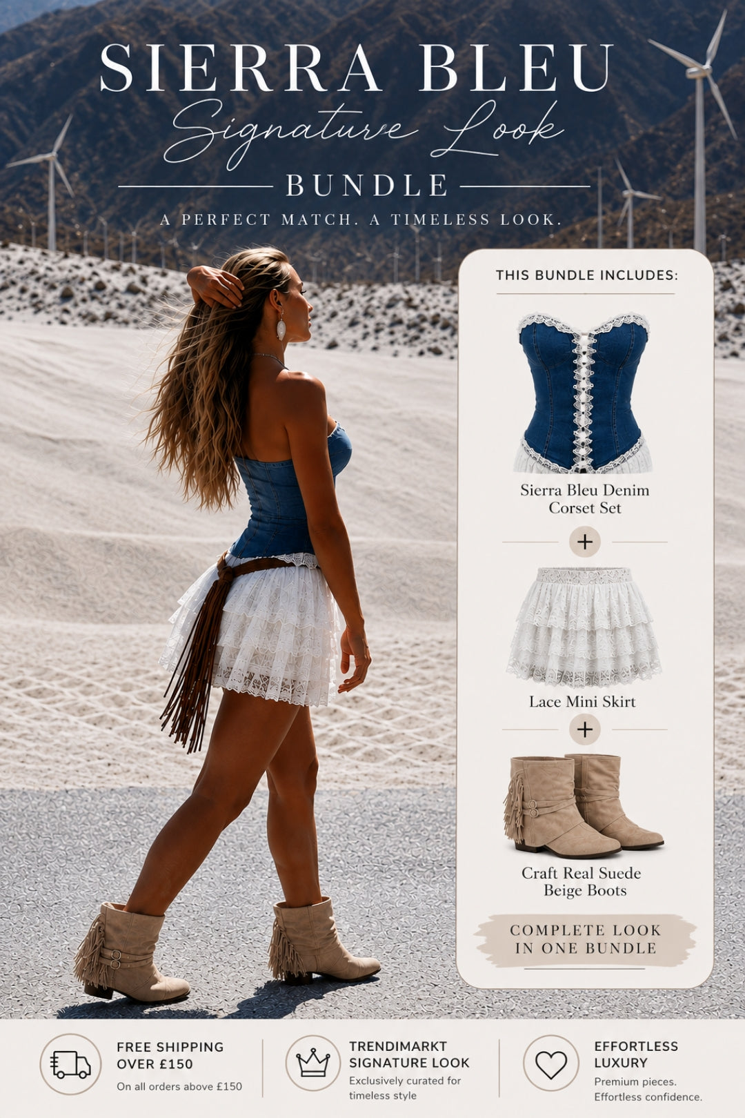 Sierra Bleu Signature Look – Denim Corset Set & Craft Real Suede Beige Boots Bundle