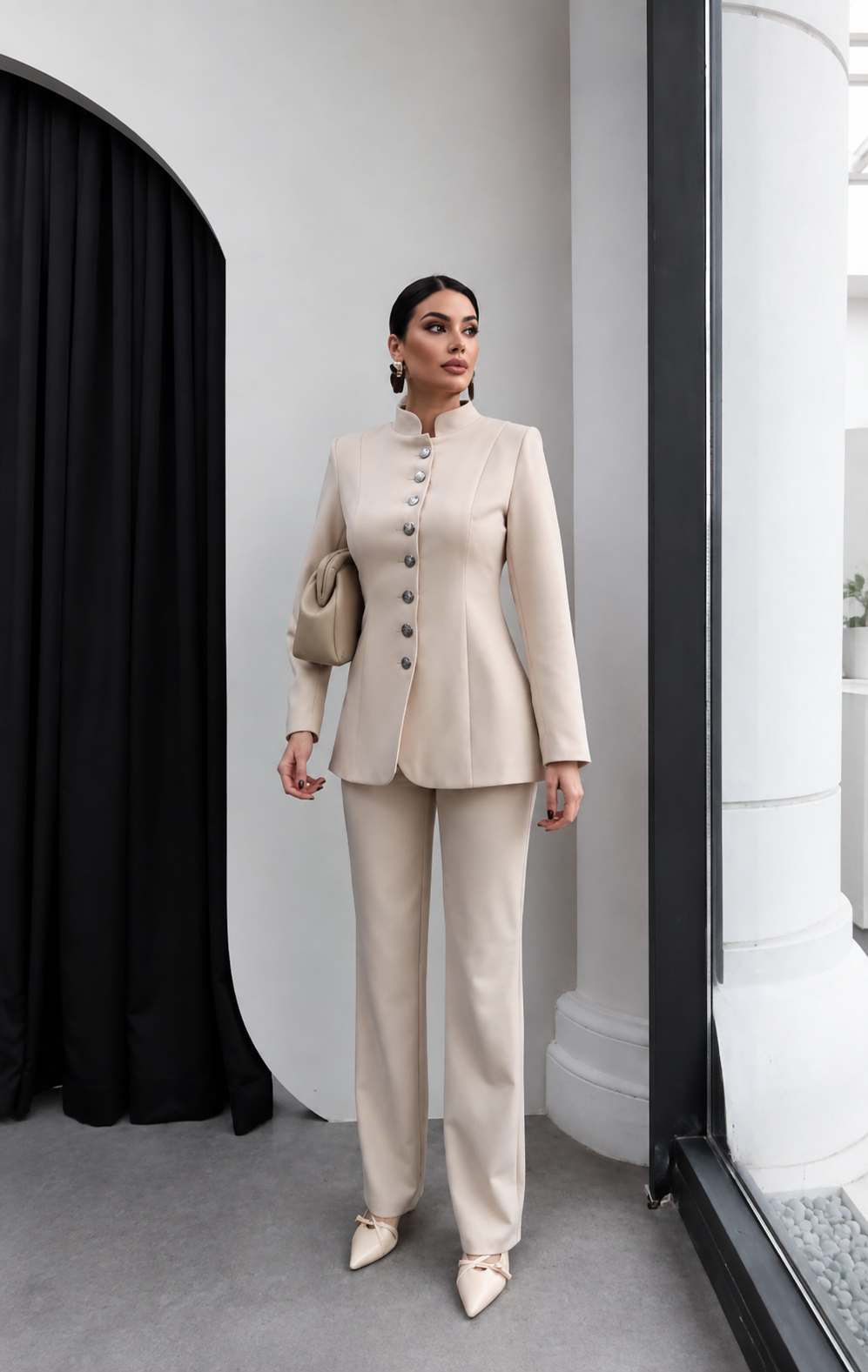 Reine Tailored Button-Front Two-Piece Set – Black