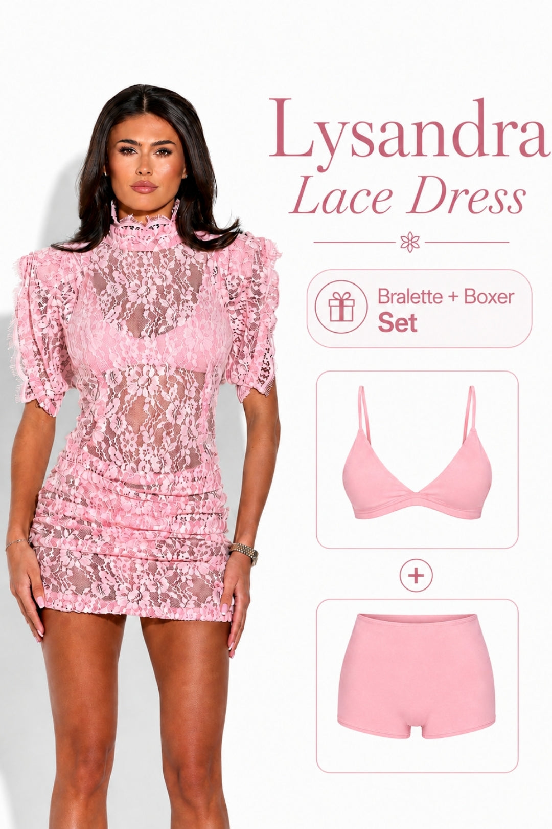 Lysandra Lace Mini Dress & Bralette Boxer 3-Piece Set