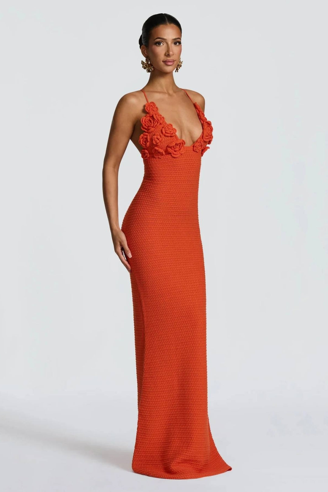 Solara Bloom Crochet Maxi Dress – Orange Floral Lace Knit