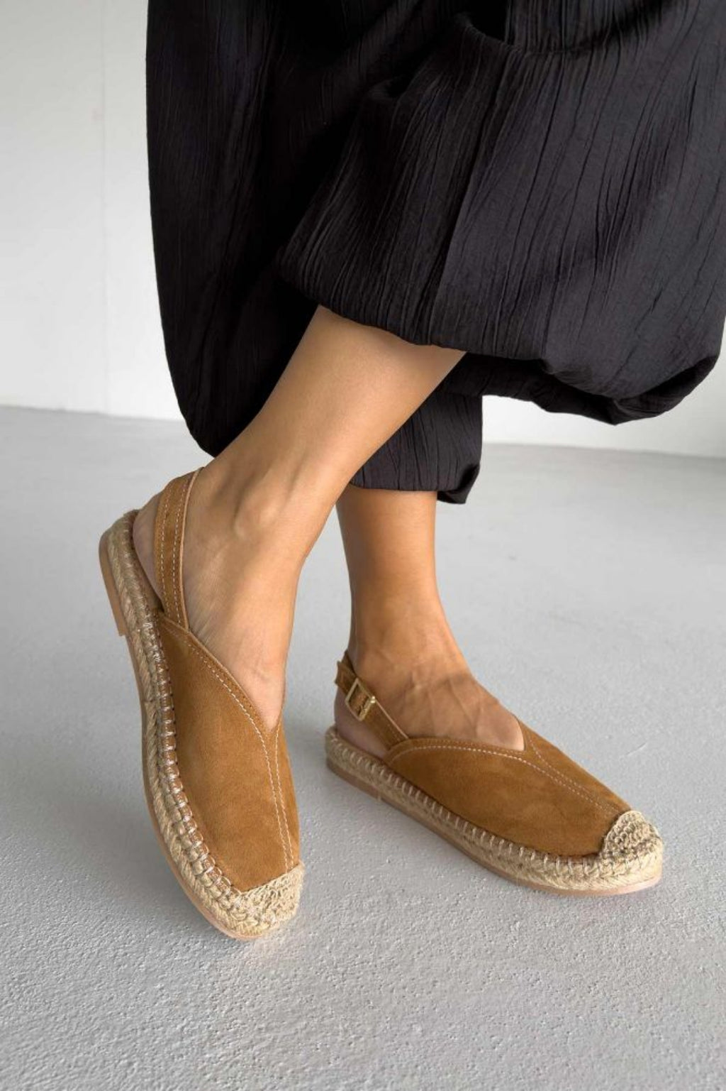 Heidi – Genuine Suede Leather Espadrille Slingback Flats – Sand
