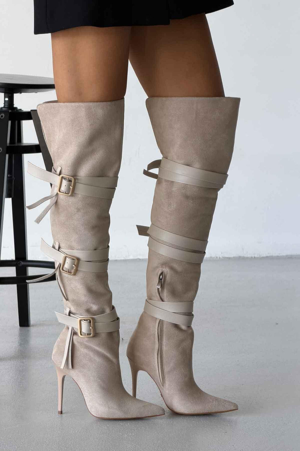 Ravelle Buckle Over-the-Knee Stiletto Boots – Tan Suede