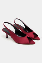 Aurelia Satin Peep-Toe Slingback Kitten Heels – Burgundy Satin