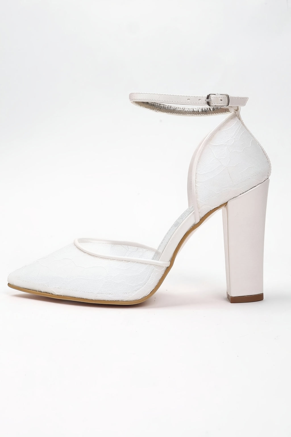 White Lace Overlay Pointed Toe Block Heel Wedding Shoe