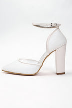 White Lace Overlay Pointed Toe Block Heel Wedding Shoe