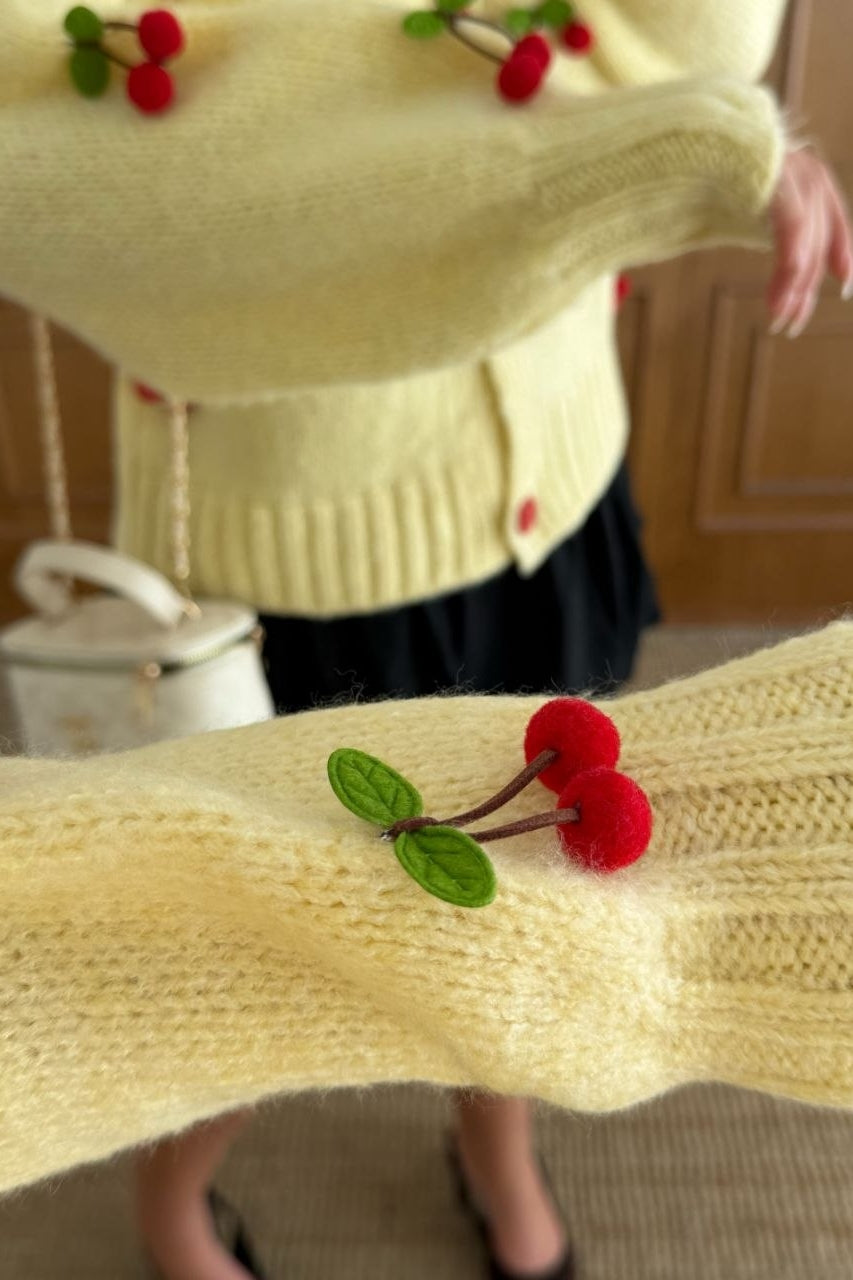 Cherrique Cherry Appliqué Button-Up Cardigan