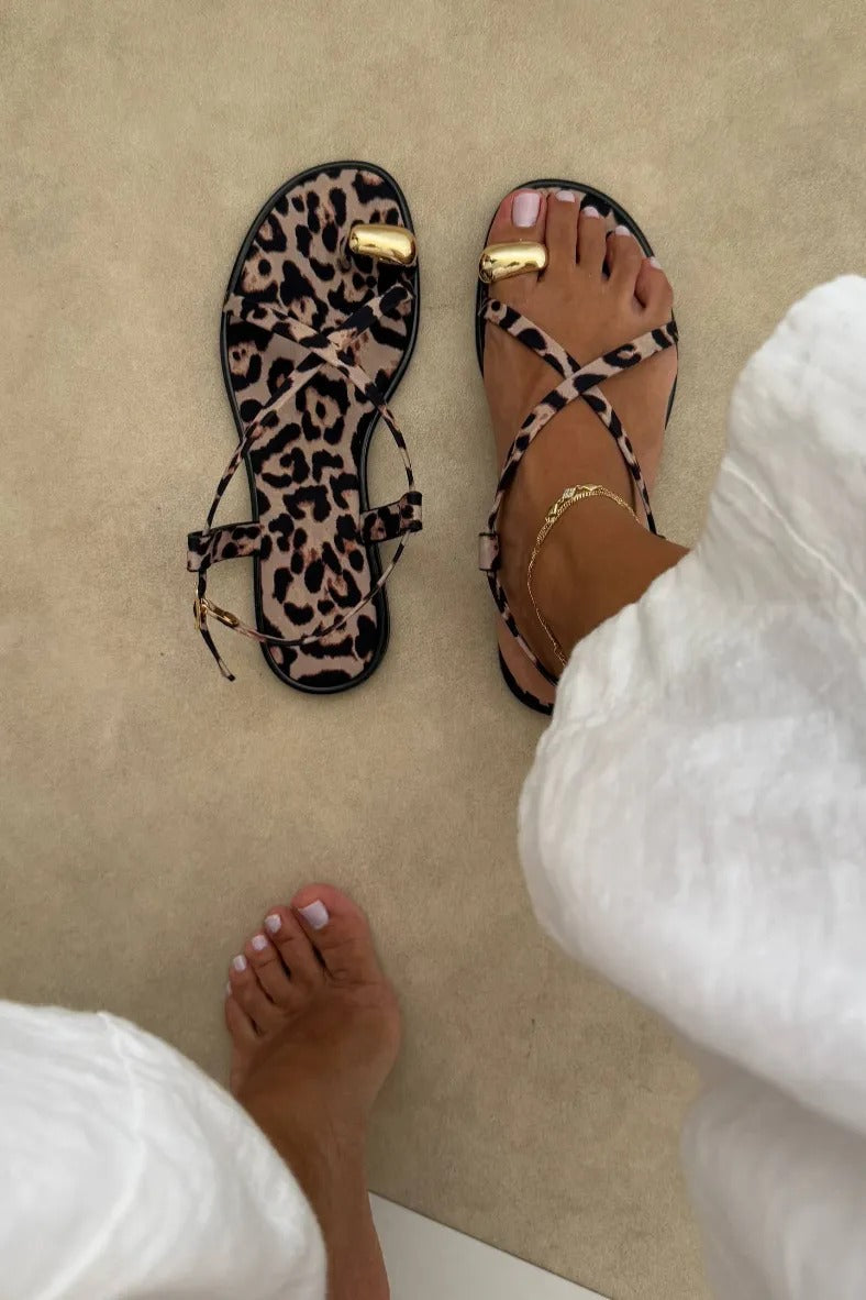 Amara Leopard Strappy Flat Sandals